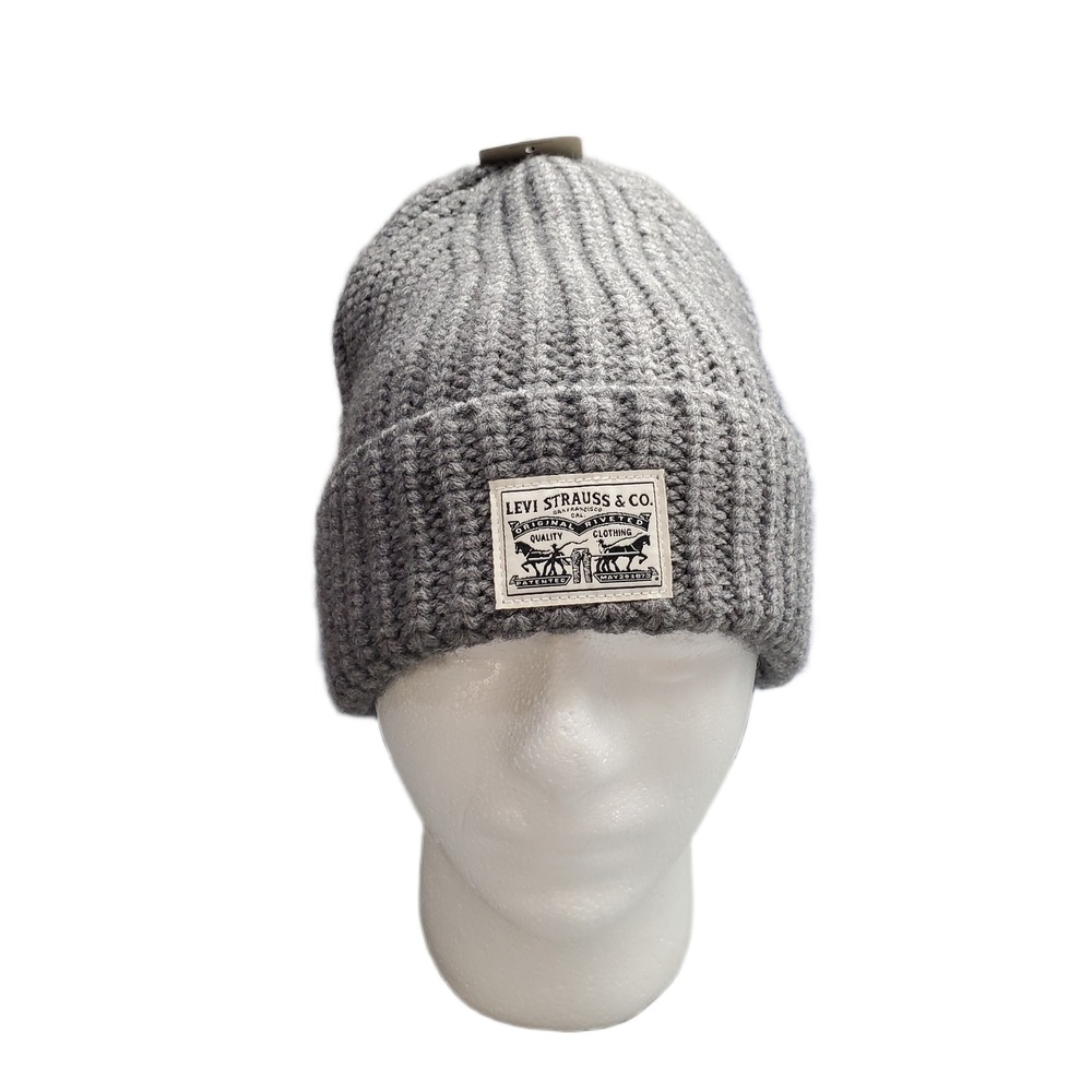 Levi's Chunky Rib Knit Beanie Cap Mens One Size Gray Acrylic Blend w/ Logo Patch